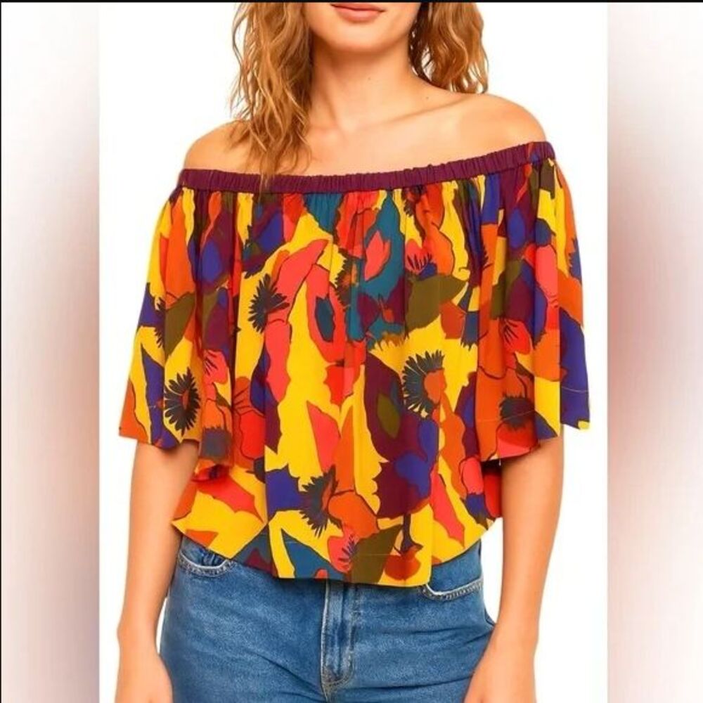 Free People Rocken Rochelle Off Shoulder Top Yellow Multi Boho Women's Small